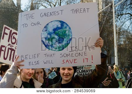 London, Uk, United Kingdom 15th February 2019:- Striking School Aged Children In Central London Over