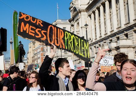 London, Uk, United Kingdom 15th February 2019:- Striking School Aged Children In Central London Over