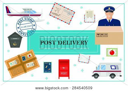 Flat Post Delivery Concept With Postman Truck Float Plane Postbox Envelope Letter Parcel Stamps Vect