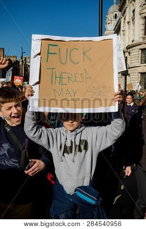 London, Uk, United Kingdom 15th February 2019:- Striking School Aged Children In Central London Over