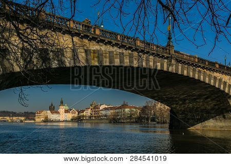 Prague, Czech Republic / Europe - February 16 2019: View Of Novotneho Footbridge And Historical Buil