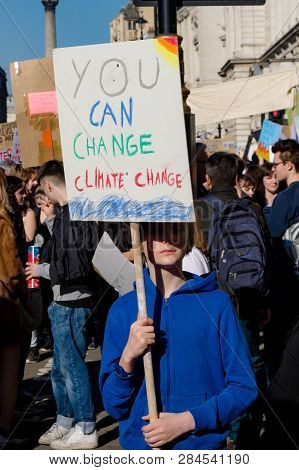 London, Uk, United Kingdom 15th February 2019:- Striking School Aged Children In Central London Over