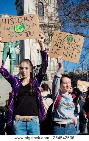 London, Uk, United Kingdom 15th February 2019:- Striking School Aged Children In Central London Over