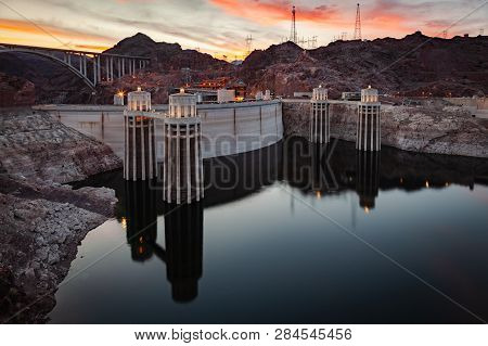 Hoover Dam At Night At Lake Mead On The Border Of Nevada And Arizona In Southwestern United States I