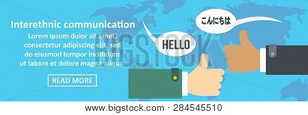 Interethnic Communication Banner Horizontal Concept. Flat Illustration Of Interethnic Communication 