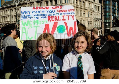 London, Uk, United Kingdom 15th February 2019:- Striking School Aged Children In Central London Over