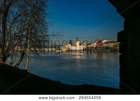 Prague, Czech Republic / Europe - February 16 2019: View Of Novotneho Footbridge And Historical Buil
