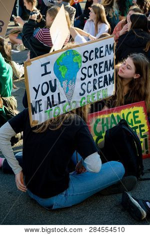 London, Uk, United Kingdom 15th February 2019:- Striking School Aged Children In Central London Over