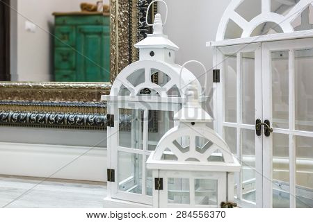 White Decorative Wooden Latern Lights In Expensive Interior