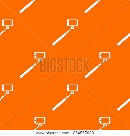 Selfie Stick And Smartphone Pattern Repeat Seamless In Orange Color For Any Design. Geometric Illust