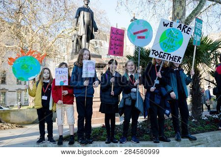 London, Uk, United Kingdom 15th February 2019:- Striking School Aged Children In Central London Over