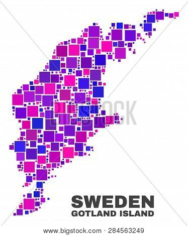 Mosaic Gotland Island Map Isolated On A White Background. Vector Geographic Abstraction In Pink And 