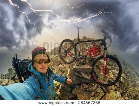A Gentle Foggy Morning In The Wild Carpathians Mountain Bike Rider At Sunrise Against The Background
