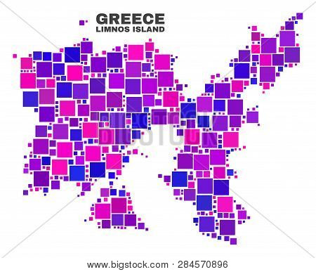 Mosaic Limnos Island Map Isolated On A White Background. Vector Geographic Abstraction In Pink And V