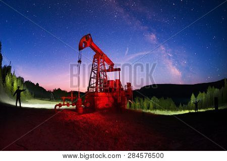 Ancient Traditional Classic Oil Pumps Of Ukrainian Oilmen In The Carpathian Mountains On The Delyaty