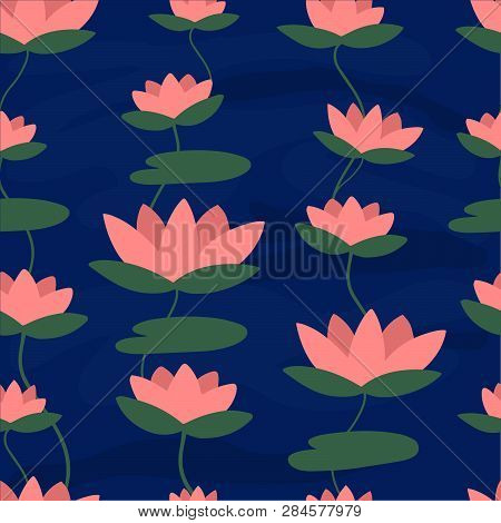 Seamless Pattern With Simple Flowers Of Lotus In Blue Water, Lake Or Pond. Backdrop With Water Lily.