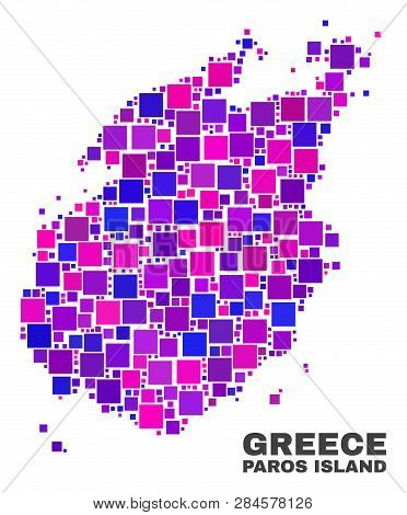 Mosaic Paros Island Map Isolated On A White Background. Vector Geographic Abstraction In Pink And Vi