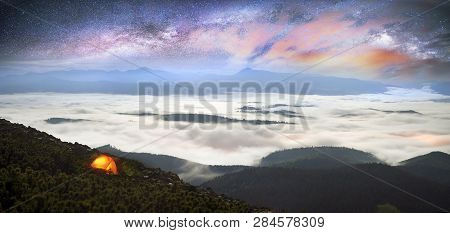Panorama Of The Night Mountains From The Peak Of Synyak In The Gorgan Mountains Above Bukovel Resort