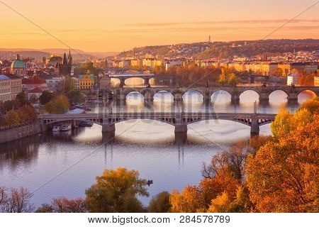 Autumn In Prague, View To The Historical Bridges, Old Town And Vltava River From Popular View Point 