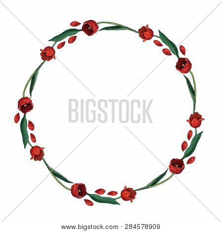 Round Frame With Red Tulips. Romantic Floral Wreath On White Background. Festive Floral Circle For Y