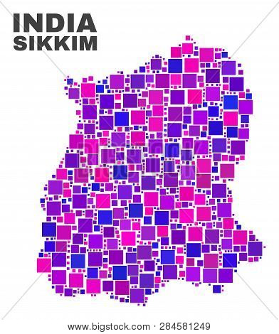 Mosaic Sikkim State Map Isolated On A White Background. Vector Geographic Abstraction In Pink And Vi