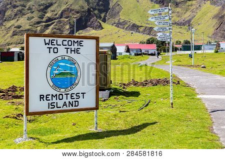 Edinburgh, Tristan Da Cunha - Nov 21, 2013: Welcome To The Remotest Island Touristic Signpost And Di