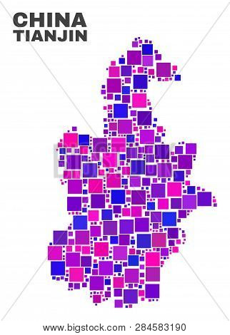 Mosaic Tianjin City Map Isolated On A White Background. Vector Geographic Abstraction In Pink And Vi