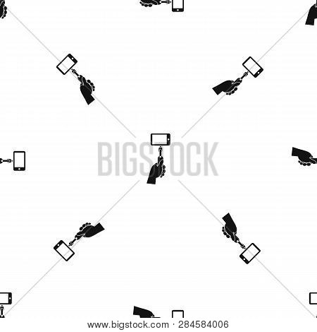 Hand Holding A Selfie Stick With Mobile Phone Pattern Repeat Seamless In Black Color For Any Design.