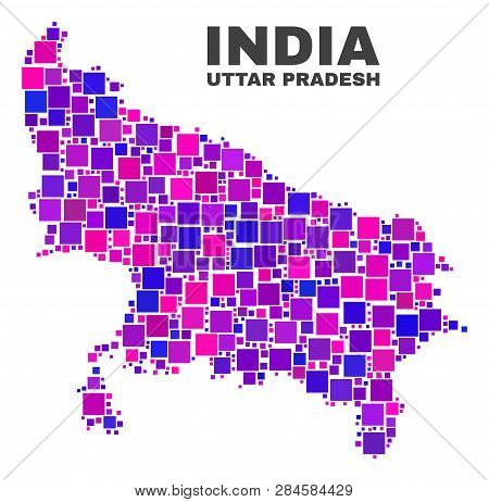 Mosaic Uttar Pradesh State Map Isolated On A White Background. Vector Geographic Abstraction In Pink