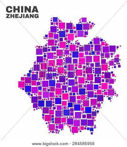 Mosaic Zhejiang Province Map Isolated On A White Background. Vector Geographic Abstraction In Pink A