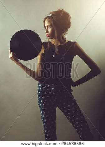 Pretty Retro Girl Young Sexy Beautiful Woman Cute Melomaniac With Stylish Hair And Pink Lips Holds B
