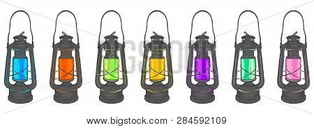 Hand Drawn Set Of Gas Lantern With Burning Light, Isolated On A White Background. An Antique Vintage
