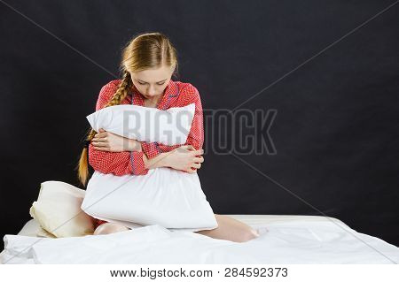 Mental Health Depression Insomia Concept. Sad Depressive Young Woman Teen Blonde Girl Wearing Red Pa