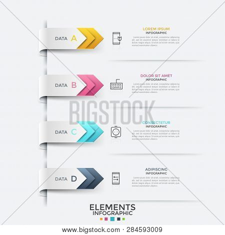 Four Colorful Pointers Pointing At Thin Line Icons And Text Boxes Arranged Into List. Concept Of 4-s