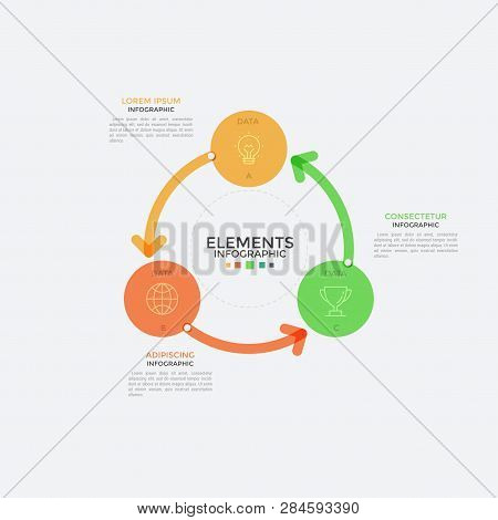 Round Chart, Three Colorful Circular Elements With Linear Icons Inside Connected By Arrows. Concept 