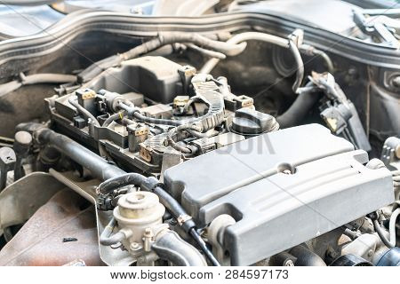 Close Up Detail Of Old And Dirty Automobile Power Engine By Take Off Cover Crankcase Prepare For Che