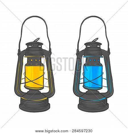 Hand Drawn Set Of Gas Lantern With Burning Light, Isolated On A White Background. An Antique Vintage