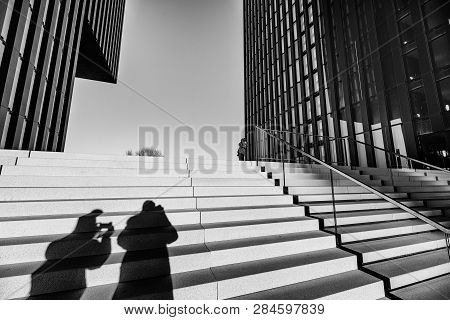 Duesseldorf, Germany - January 20, 2019: Modern Architecture Of New Harbour City Throws Long And Dra