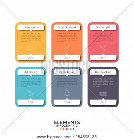 Six Colorful Separate Rectangles Or Cards With Linear Icons, Place For Text And Year Indication. Con