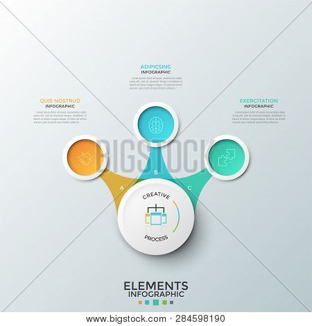 Three Multicolored Circles With Linear Symbols Inside Placed Around Main Round Element. Concept Of 3