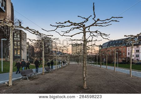 Duesseldorf, Germany - January 20, 2019: Unidentified Pedestrants Walk Along The Path In Fron Of The