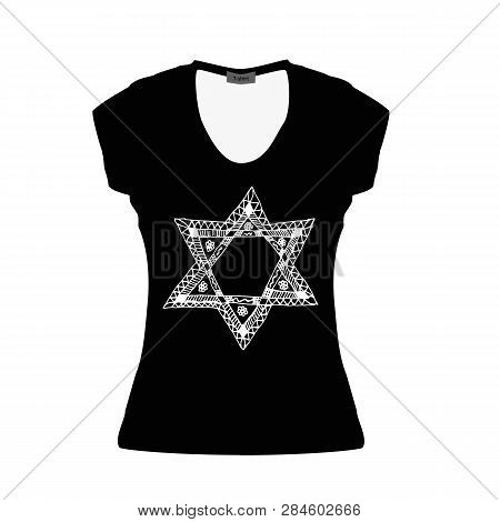 Black Women T-shirt With A White Six-pointed Star Of David. Doodle. Draw Hand. Mockup. Vector Illust