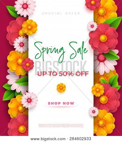 Spring Sale Banner Template With Paper Vivid Colors On Colorful Background. Seasonal Discounts. Moth