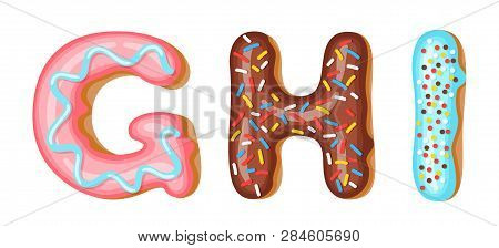 Donut Icing Upper Latters - G, H, I. Font Of Donuts. Bakery Sweet Alphabet. Donut Alphabet Latters A