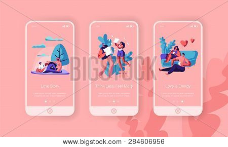 Lovers Rest Together Mobile App Page Onboard Screen Set. Happy Pair Sit On Sofa Drink Tea Or Coffee 