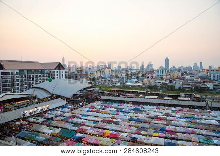 Bangkok, Thailand - February 10, 2019 : Top View During Sunset Evening At Train Night Market Ratchad