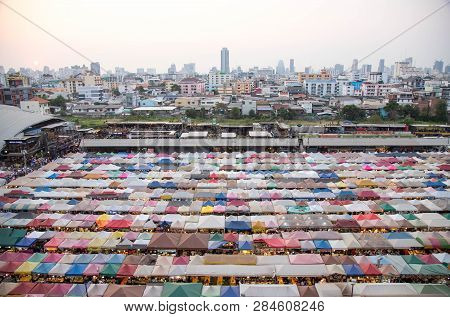Bangkok, Thailand - February 10, 2019 : Top View During Sunset Evening At Train Night Market Ratchad