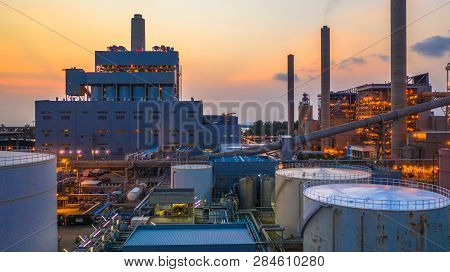 Combined Heat Power Plant At Sunset, Aerial View Large Combined Cycle Power Plant.