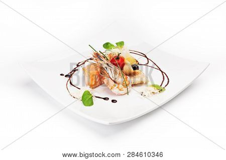 Seafood Dish With Shrimp And Fish Fillet. Delicious With Shrimps, Tomatoes & Leaves Of Spinac, Garni