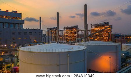 Combined Heat Power Plant At Sunset, Aerial View Large Combined Cycle Power Plant.